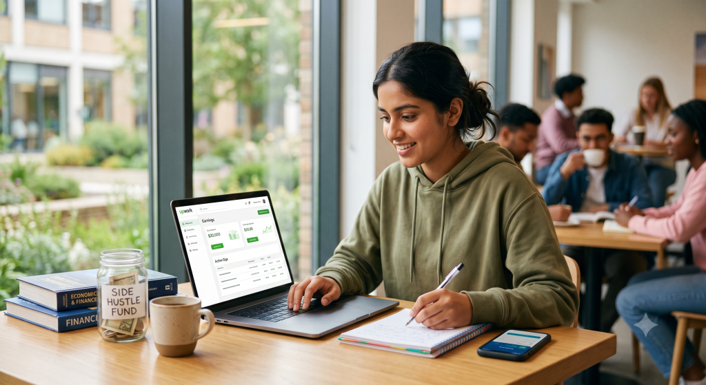 A smiling female college student working on a laptop with a side hustle fund jar, illustrating how to make money as a student.