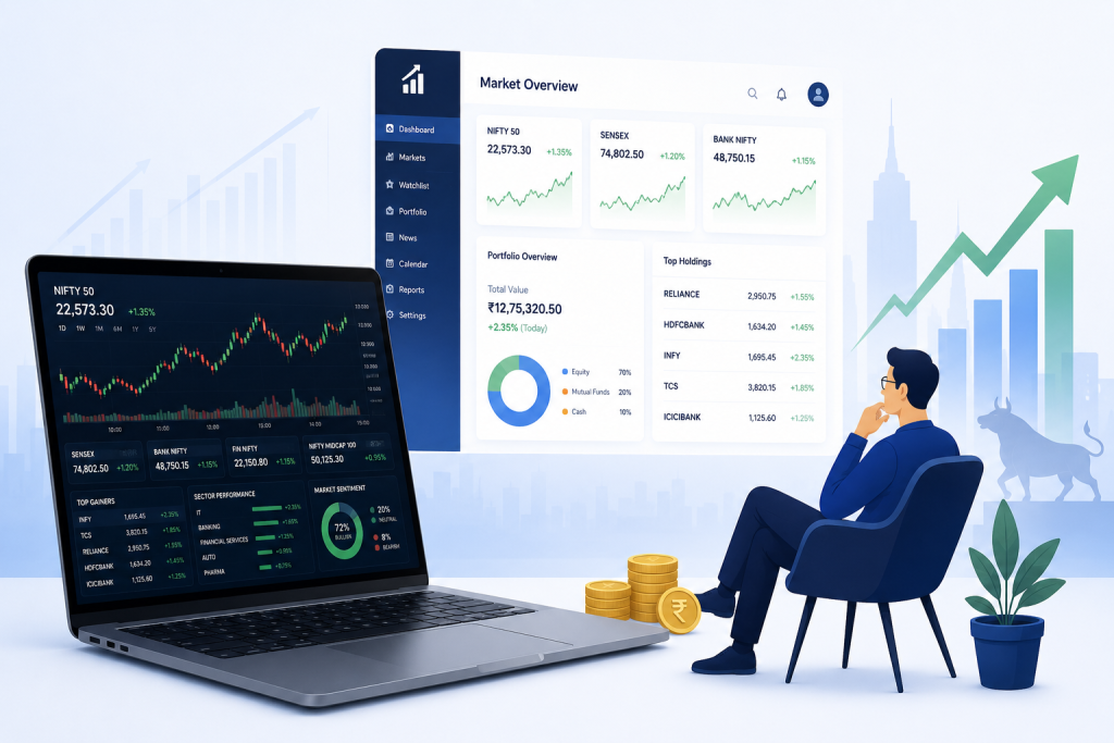 Modern laptop displaying stock market charts and a finance dashboard with an investor analyzing market trends, portfolio performance, and investment data.